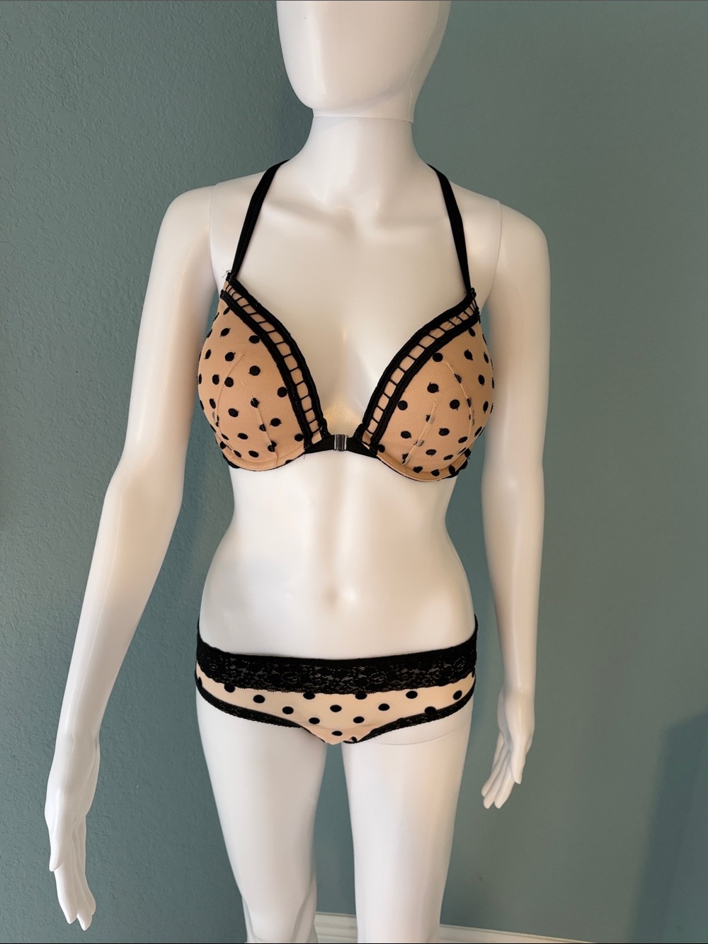 PINK Victoria's Secret Beige Polka Dot Bra & Panty Set with Black Trim